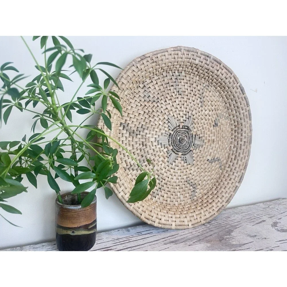Vintage Large Rustic Primitive Woven Tray Basket Large Tan & Grey 16.5” Israel